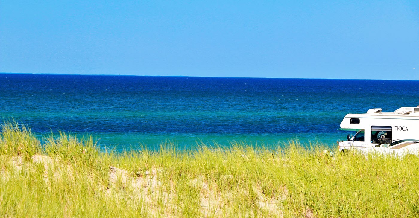 RV parked at campsite on Cape Cod National Seashore.